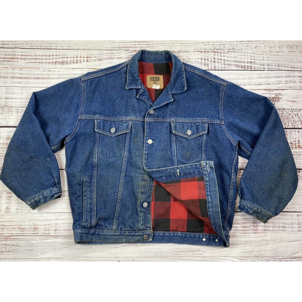 VTG 90s GAP Flannel Lined Denim Jacket Buffalo Plaid‎ Trucker Distressed Sz M